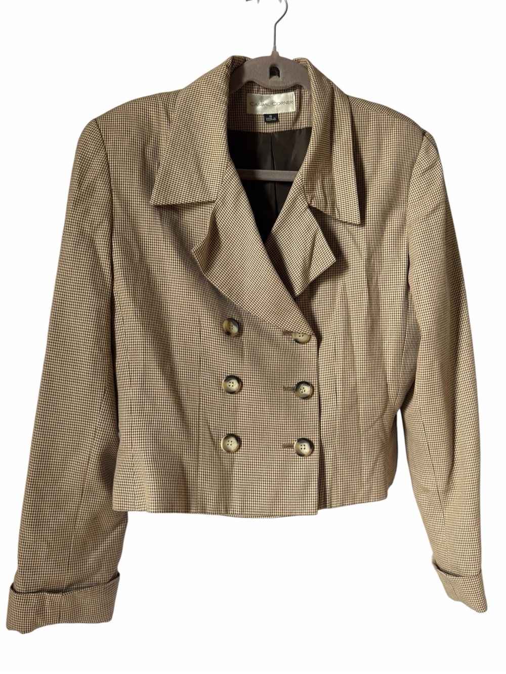 Casual Corner Beige Houndstooth Double-Breasted Cropped Blazer Vintage Career